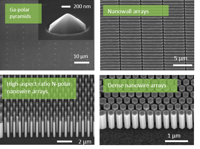 Four examples of GaN nanostructures grown with selective epitaxy by molecular beam epitaxy, illustrating different morphology for Ga-polar vs. N-polar crystals.