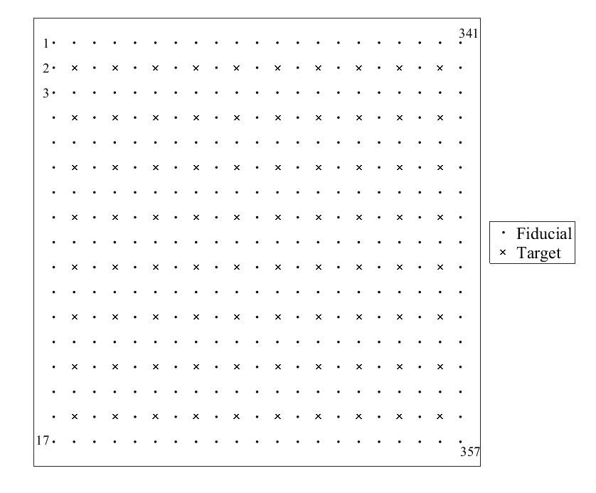 Figure 2.  Layout of fiducial and targets points.  Grid spacing is 25 mm.