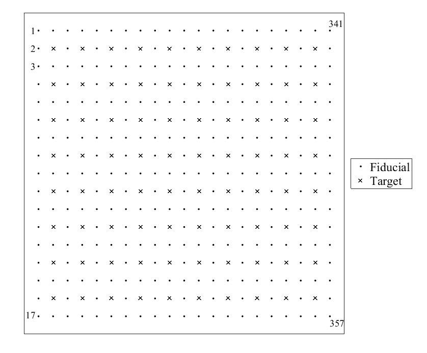 Figure 2.  Layout of fiducial and targets points.  Grid spacing is 25 mm.