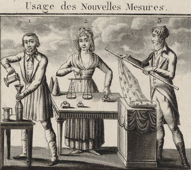 woodcut. Left: man pouring liquid into a container. Middle: woman with scales. Right: man with fabric and a ruler