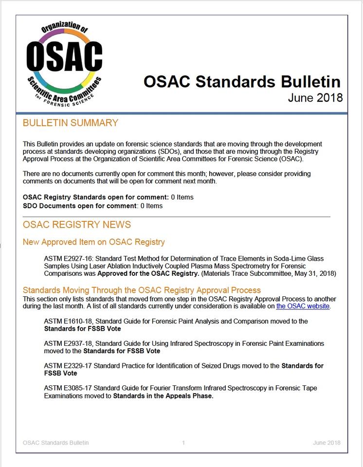 OSAC Standards Bulletin, June 2018