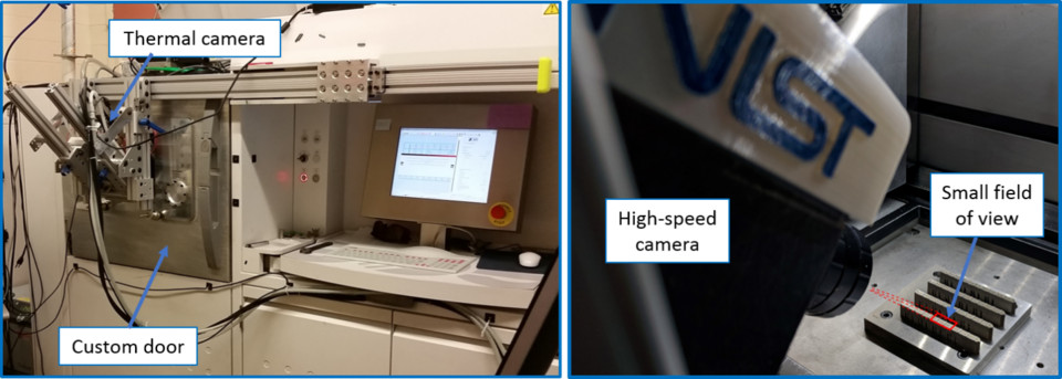 A commercial LPBF system has been modified to allow a camera to observe a region on the build surface. The PBF system has a maximum laser power of 195 W, creates parts in 0.02 mm layers, and typically operates with scan speeds around 1 m/s. 