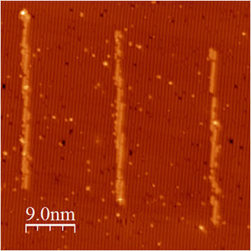 An STM image to show three vertical lines patterned by a STM.
