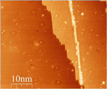 Figure 2. A STM image shows two Si(100) terraces and a single atomic step(height of 0.136nm) between them. A STM patterned a single line on the right side of terrace.