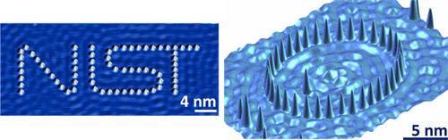 STM of the NIST logo nanostructure fabricated with cobalt atoms on a copper surface, and STM of an elliptical quantum corral.  