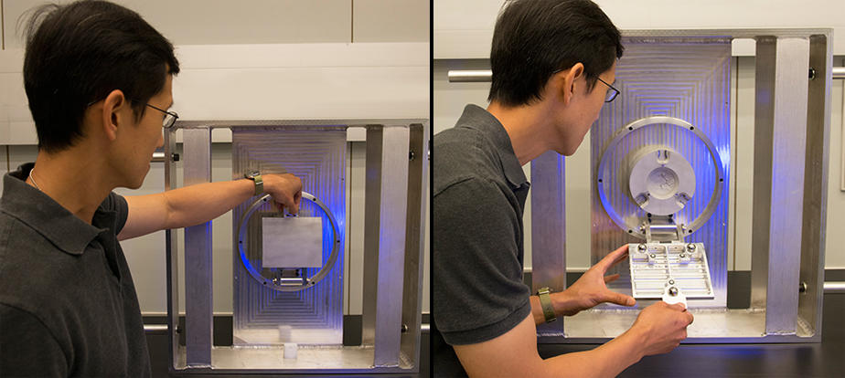 Vincent Lee demonstrates the body armor deformation check standard in both the closed (left) and open positions