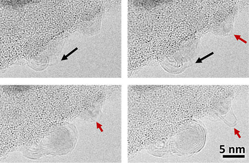 Time-resolved high resolution image sequence showing the growth of a multi-walled carbon nanotube.