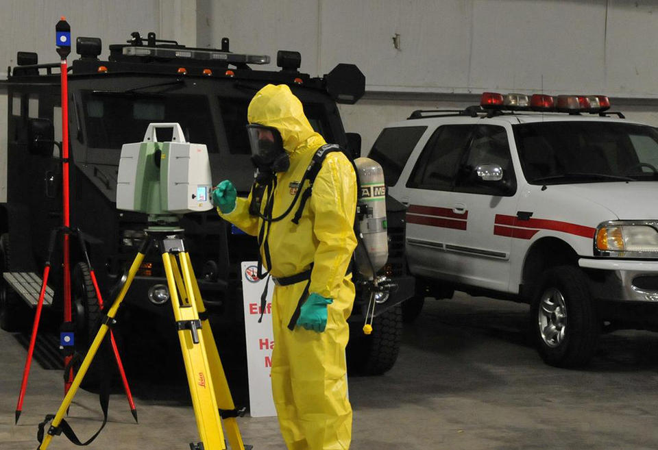 The Leica Geosystems ScanStation C10 and twin-target pole being demonstrated by an instructor from the National Center of Biomedical Research and Training where they use ScanStations to teach investigators how to document WMD events.