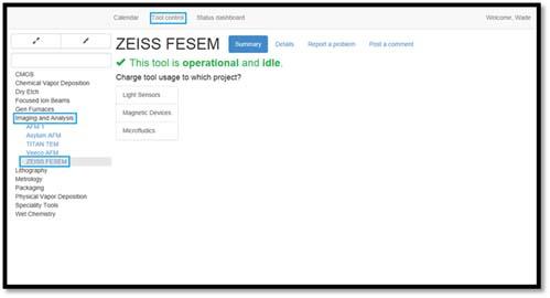 Figure 24: Accessing the Zeiss FESEM tool in the Imaging and Analysis tool category tree.