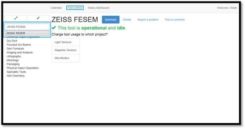 Figure 25:  Accessing the ZEISS FESEM tool from the "Search for a tool" text box field.  