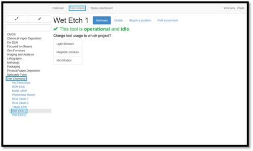 Figure 31:  Accessing the Wet Etch 1 tool in the Wet Chemistry tool category tree.