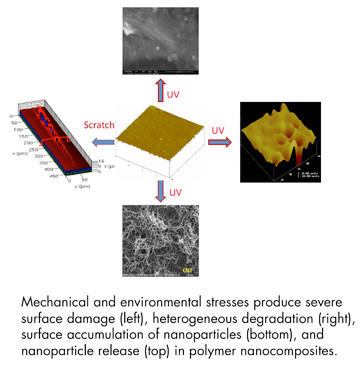 severe surface damage (left), heterogeneous degradation (right), surface accumulation of nanoparticles (bottom), and nanoparticle release (top) in polymer nanocomposites
