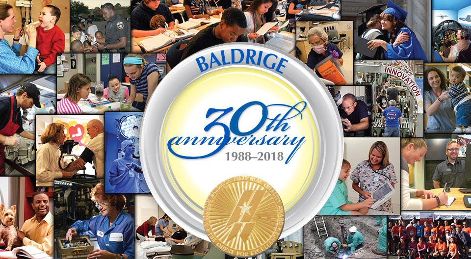 Baldrige 30th Anniversary 1988-2018 showing a collage of recipient photos in the background.