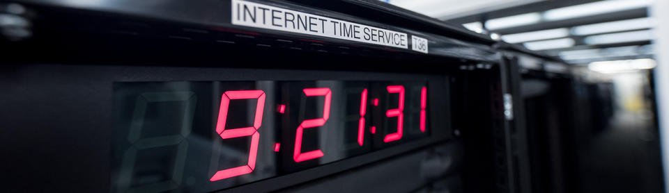 Close-up, cropped view of display of one of the NIST time server boxes