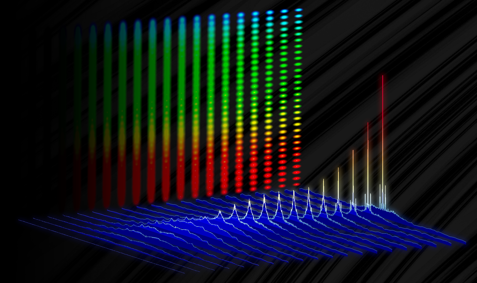 Vertical bands of light with green, yellow, and red colors behind a row of waves with successively higher peaks.