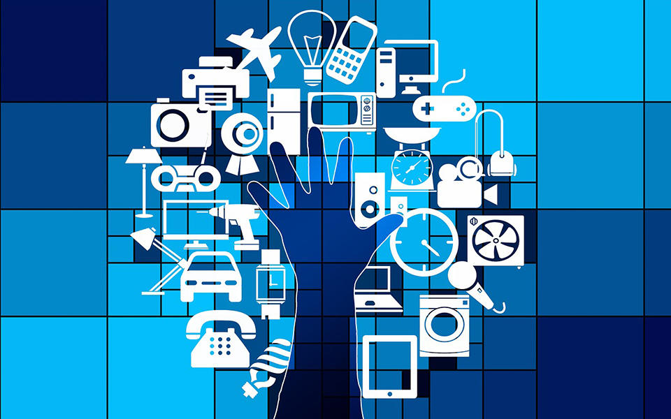 graphic representing the internet of things showing a hand reaching out to a cloud consumer devices 