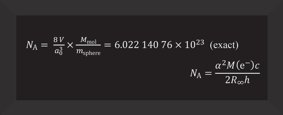 N subscript A equals 8V / a (subscript 0 superscript 3) times M (subscript mol) / m (supscript sphere) equals 6.02214076 x 10 (superscript 23)