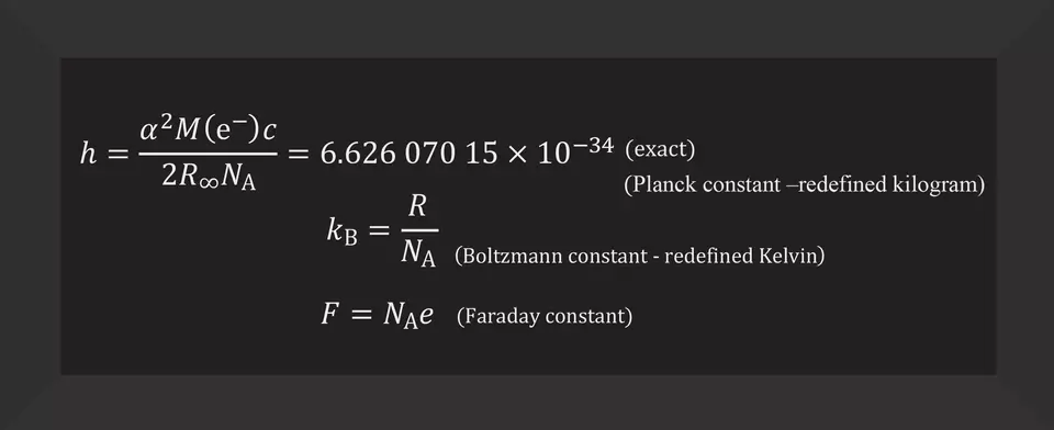 h = a (super 2) M (e super em-dash) c / 2 R (sub infinity) N (sub A) = 6.62607015 x 10 (super em dash 34)