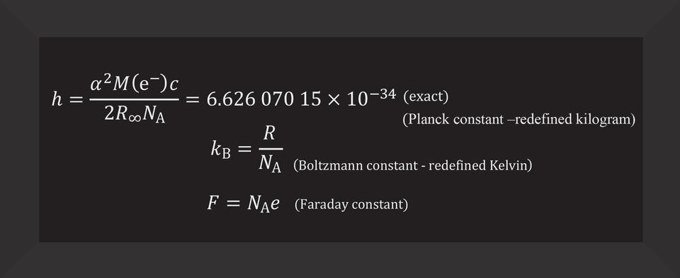 h = a (super 2) M (e super em-dash) c / 2 R (sub infinity) N (sub A) = 6.62607015 x 10 (super em dash 34)