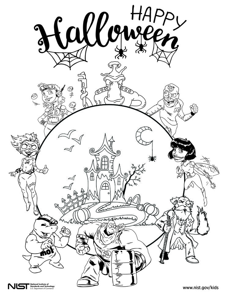 coloring sheet with haunted house, graveyard, pumpkins and the SI Superheroes