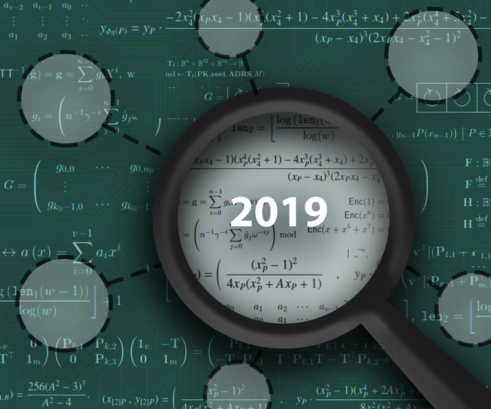 A magnifying glass with "2019" in its lens hovers over a green field of math equations, with circles suggesting the magnifying glass has located some of the information.
