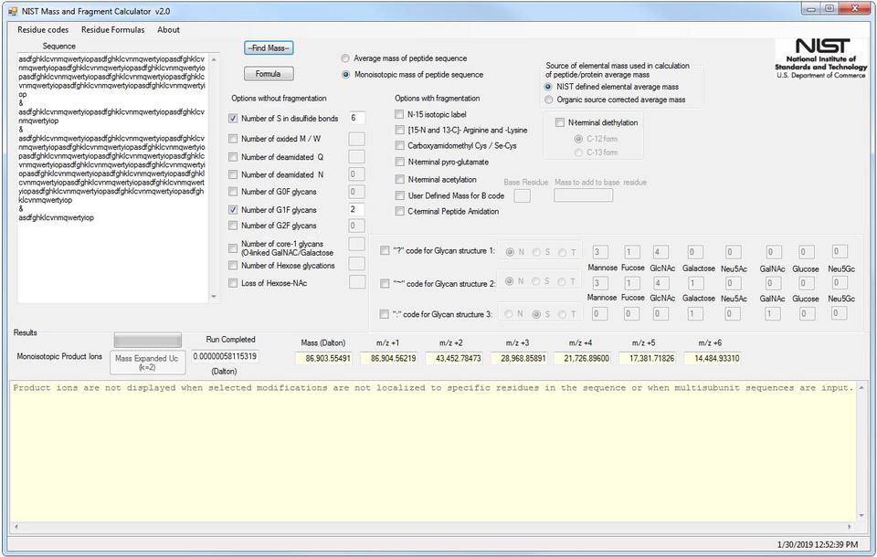 Screenshot of NIST Mass and Fragment Calculator Software