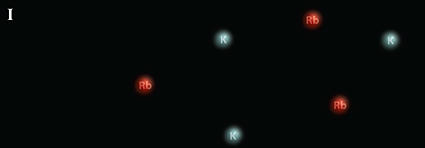 black background with 3 red balls labelled Rb and 3 blue balls labelled K