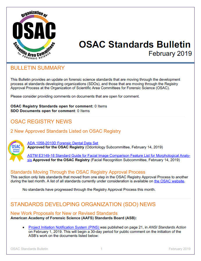 OSAC Standards Bulletin Feb 2019
