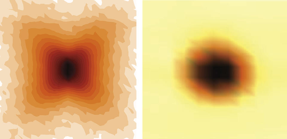 two images. Left has a dark center with a butterfly like pattern in different shades of orange around it. Right image: dark round center with orange ring and then yellow