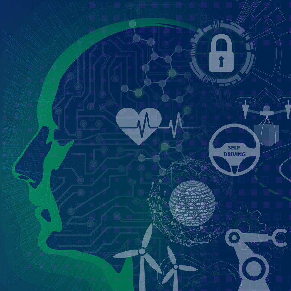 square image. Robotic head with graphics around it including a heart with EKG line, a lock, robotic arm, steering wheel, windmills and others