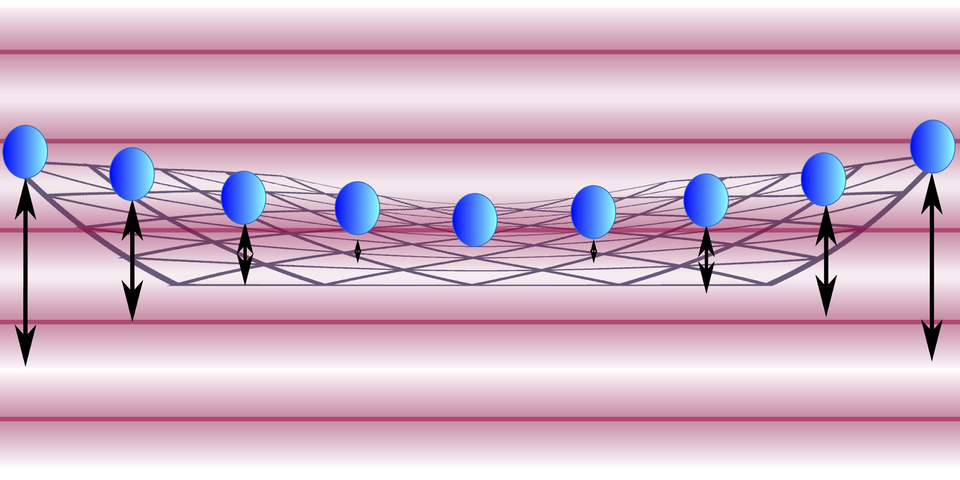 Nine blue spheres lined up on a horizontal mesh structure curved up at the ends. Double-headed black arrows below all but the center sphere suggest vibration. Pink and white striped background.
