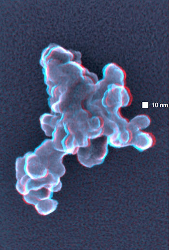 Stereo SEM imaging of nanoparticles reveals hidden/embedded structures.