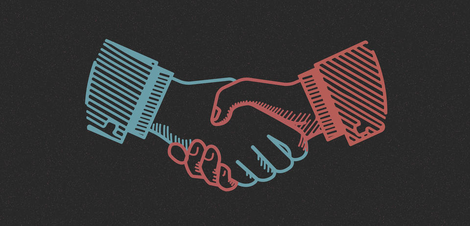 An illustration drawn in red and blue outline of two hands doing a handshake. 