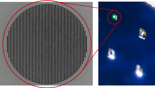 right: blue background with white specks of light. left: gray background with black vertical lines making up a circle.