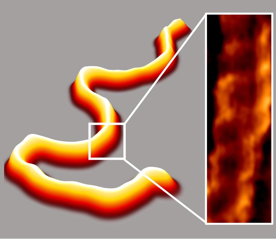 Three-dimensional rope the color of Candy Corn snaking across the field of view, with an inset close-up of a small piece showing a twisted ladder shape