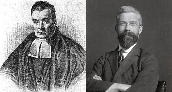 portraits of Bayes and Fisher. Bayes is dressed as a 19th century Protestant minister, and Fisher is in a 1930s suit.