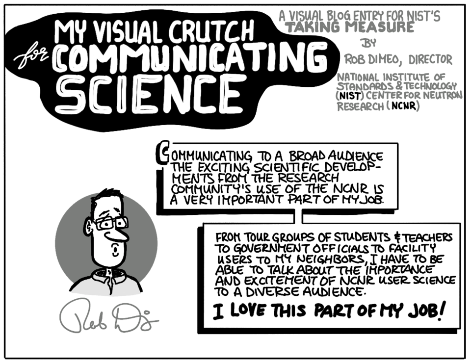 cartoon illustration that explains how communicating science is a key part of NIST Center for Neutron Research Director Rob Dimeo's job