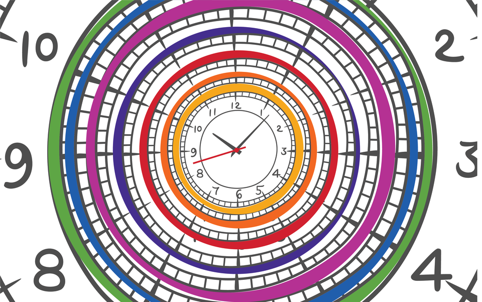 Artistic illustration of analog clocks, with multiple clocks concentric with one another