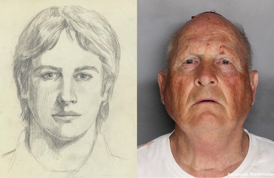 sketch of a young man on left, photo of Joseph DeAngelo on right