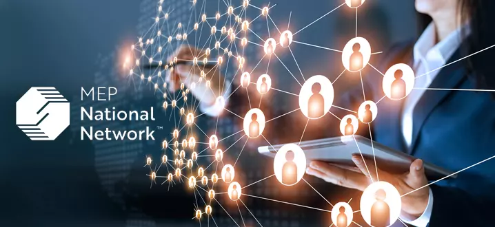 woman with a digital device pointing to a hologram of a network of people