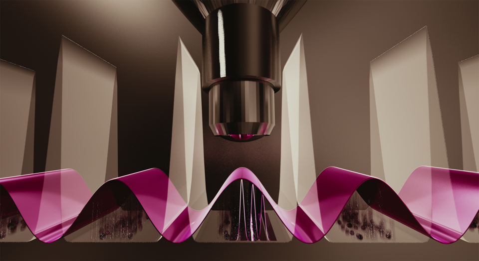 A microscope lens aims downward at a magenta-colored wave.