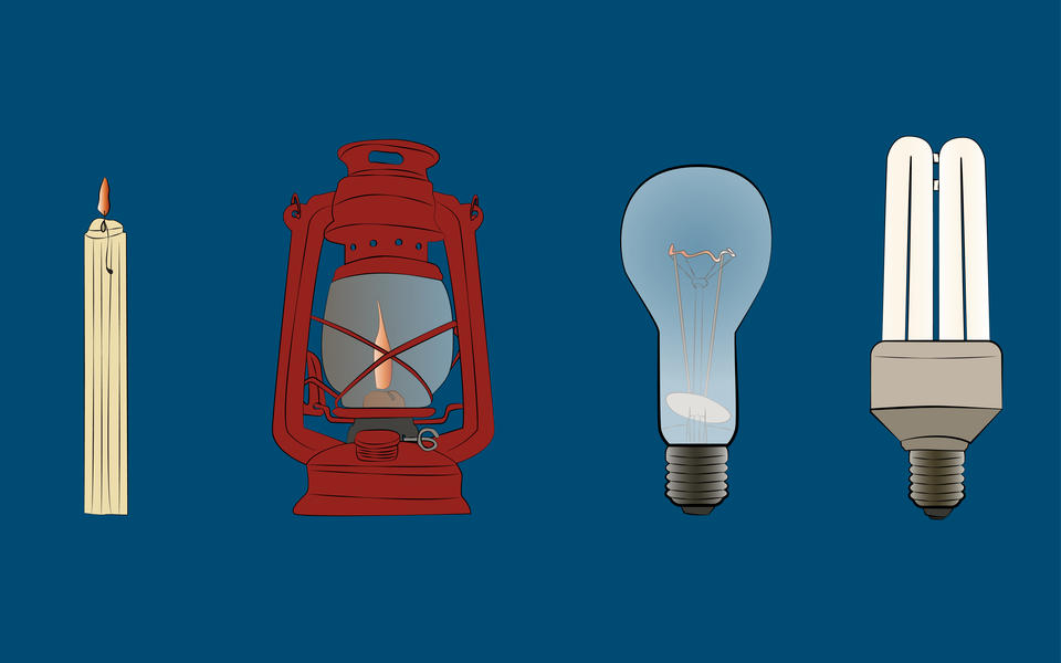 Blue background. Candle. Oil lamp. Light bulb. Newer light bulb.