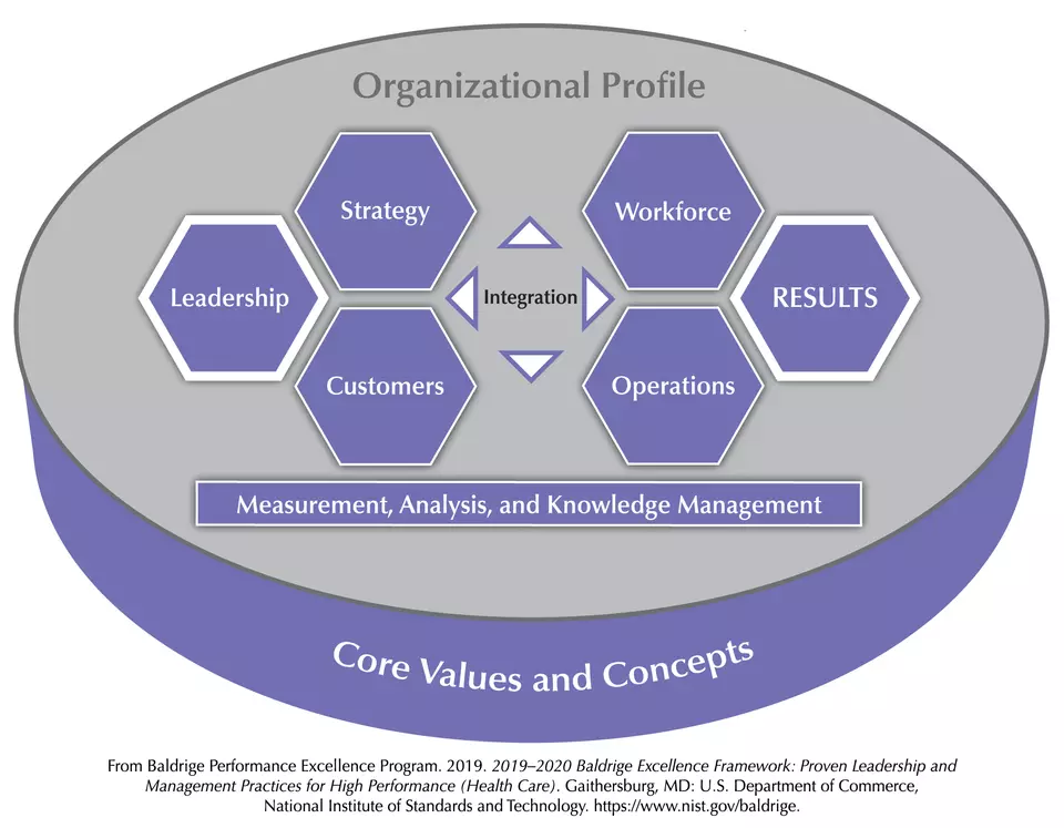The Baldrige Health Care Criteria for Performance Excellence Overview consists of the six categories (Organizational Profile, Leadership, Strategy, Customers, Measurement, Analysis, and Knowledge Management, Workforce, Operations, and Results).