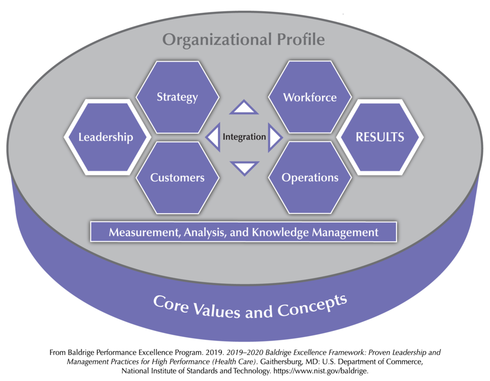 The Baldrige Health Care Criteria for Performance Excellence Overview consists of the six categories (Organizational Profile, Leadership, Strategy, Customers, Measurement, Analysis, and Knowledge Management, Workforce, Operations, and Results).