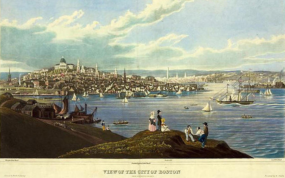 Painting of the view of the Colonial City of Boston with people looking out at the harbor showing boats and the city in the background.