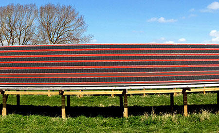 A demonstration solar park based on polymer solar cells at the Technical University of Denmark in Roskilde, Denmark.