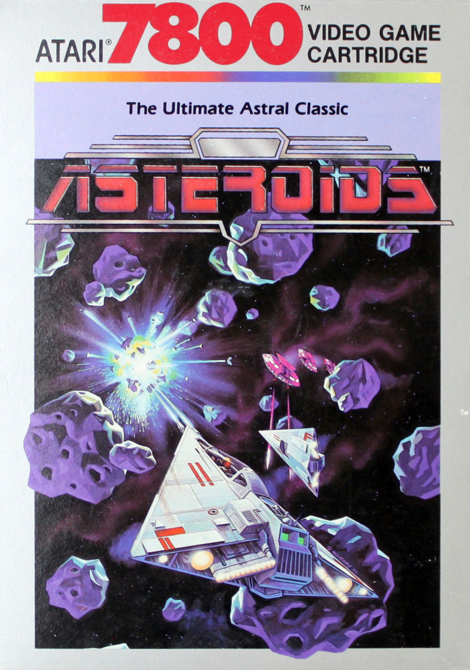 The box cover for Asteroids for the Atari 7800 gaming system
