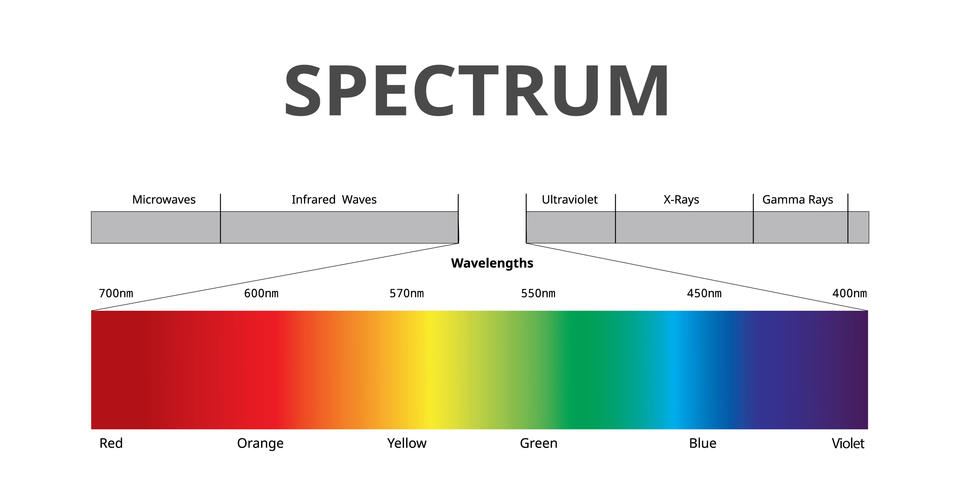 Colorful chart shows the spectrum of light with a callout to visible light and the colors