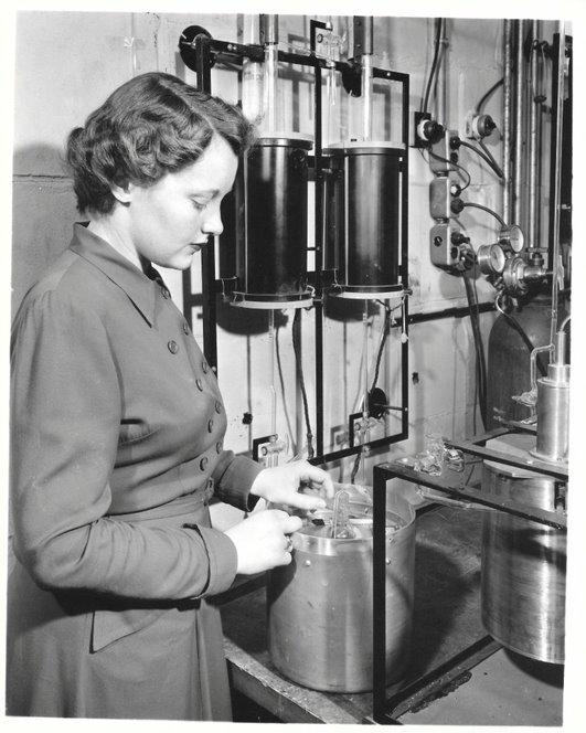 A woman stands next to a system of connected tanks