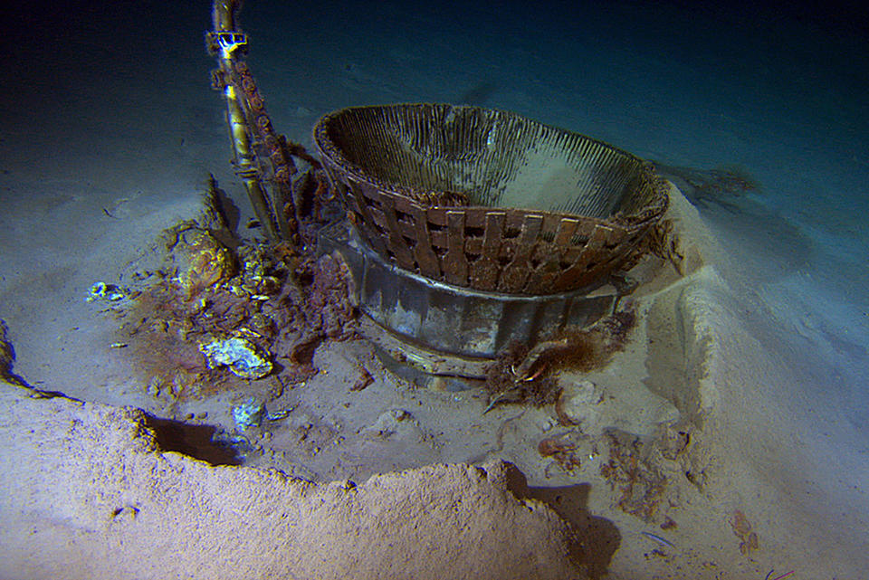 The Saturn V F-1 engine sitting on the ocean floor